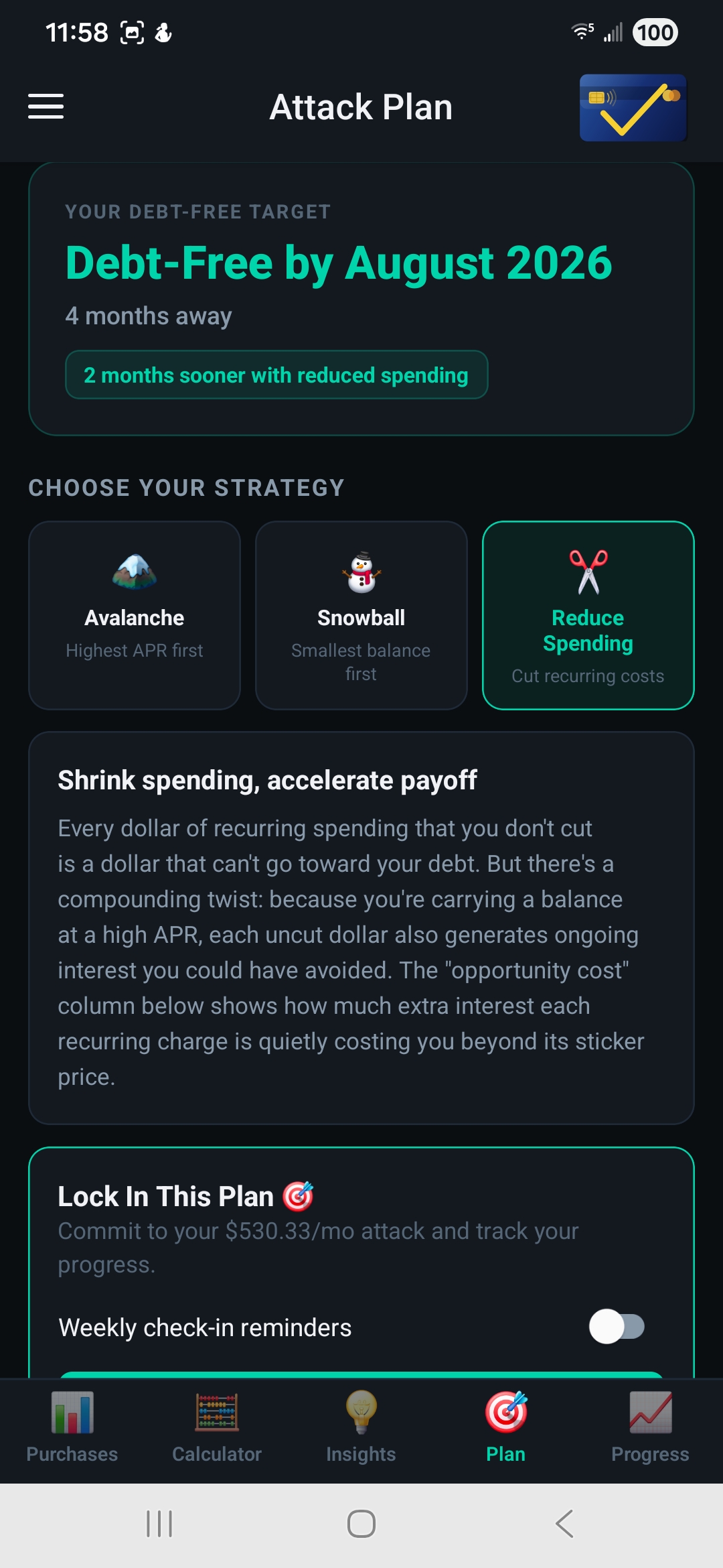 Debt Plan screen — choose your payoff strategy