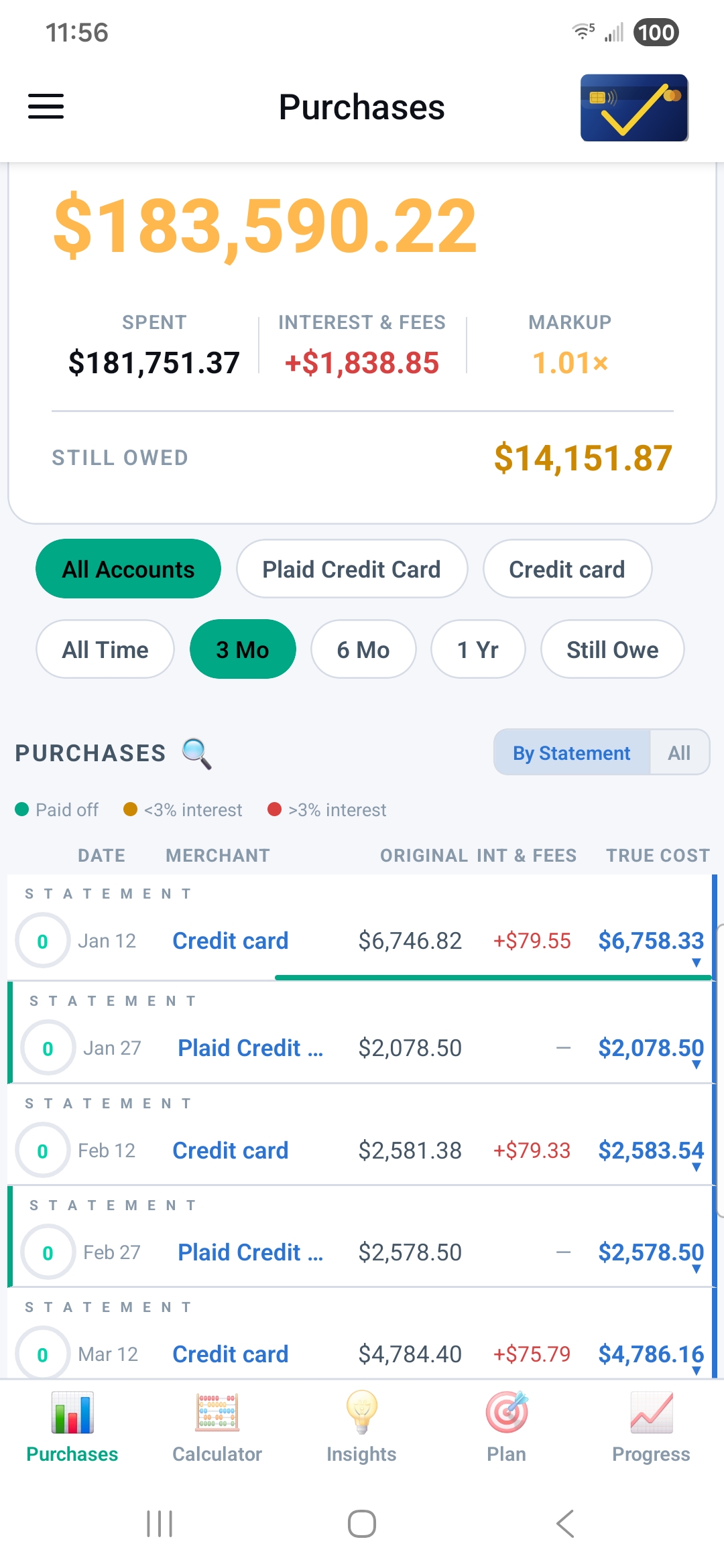 Purchases screen — true cost per transaction broken down by card