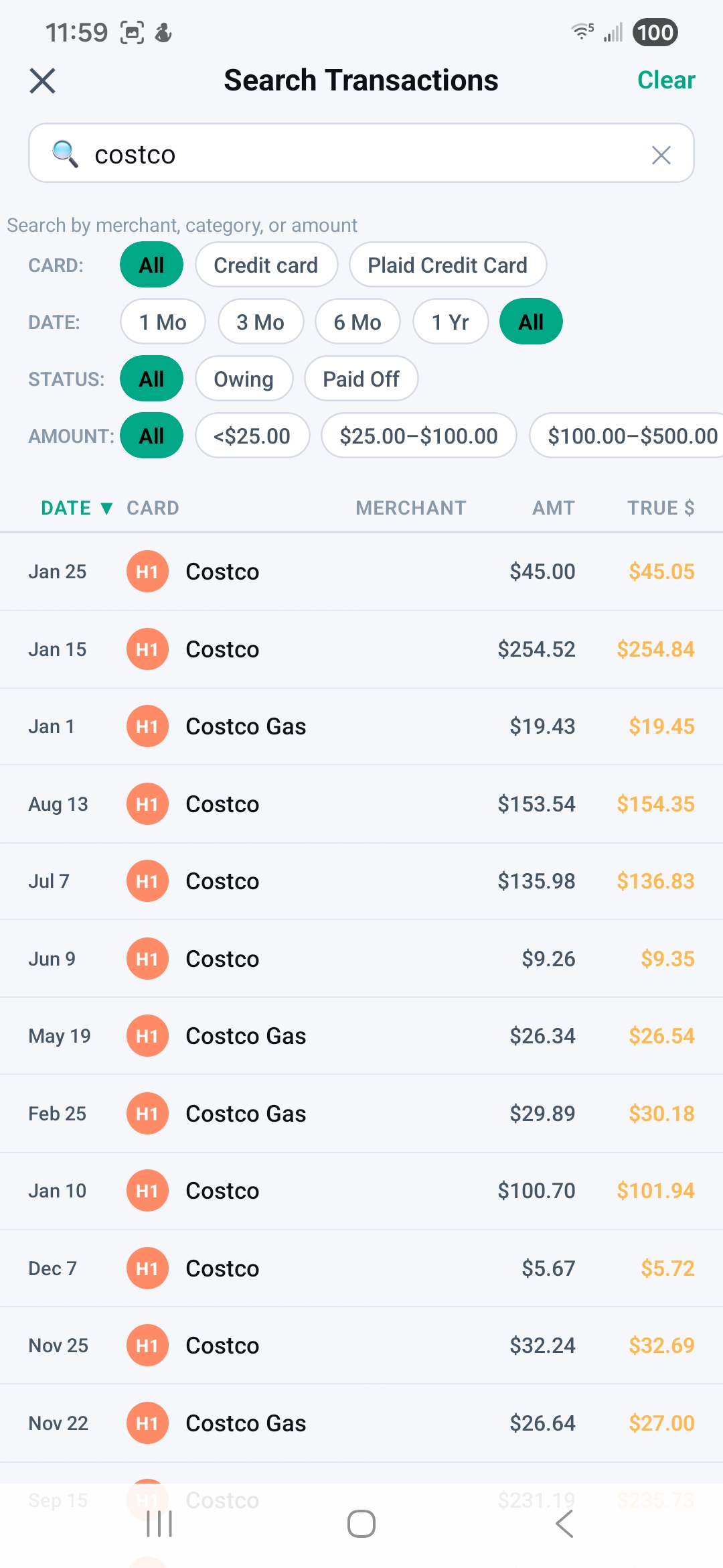 Search screen — find any transaction instantly